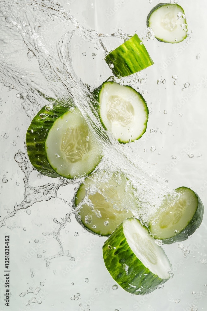 Aufkleber grungy cucumber slices create a splash in clear water against a bright white background