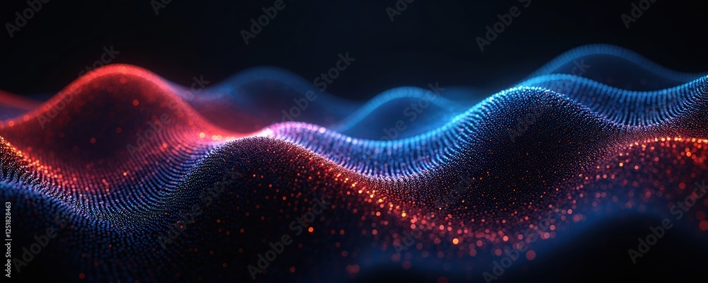 Poster abstract tech background with dynamic wavy dotted surface. blue, red glowing particles form smooth u