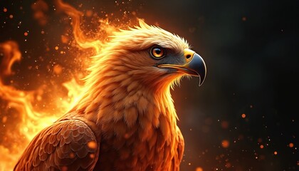 Illustration of golden eagle with fire flames on black background. Bird features vibrant orange plumage, sharp beak. Concept art powerful predator, strength, freedom, rebirth, fantasy, wildlife,