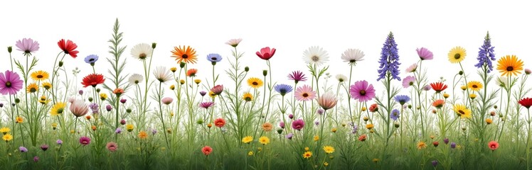 Fototapeta premium Wildflower meadow with native species on transparent background. Multicolored set of daisies, chamomile, blossoms in field, blooming during spring, summer. Diverse colorful floral field with blue