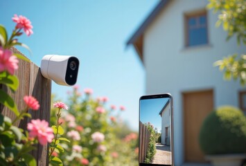Home Security System. Security camera, and a smartphone with a screen showing the live view.