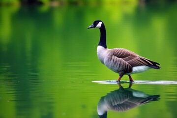 Grey goose walks by lake, vibrant greenery mirrored, summer day, lake