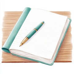 blank notebook with green pen resting on wooden surface, inviting creativity