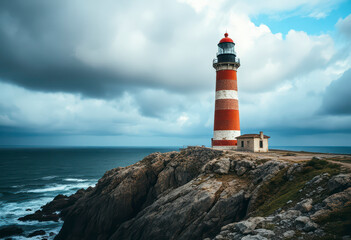 Obraz premium A tall lighthouse illuminates the rocky coastline as dark clouds gather above the ocean waves, showcasing nature's raw beauty.
