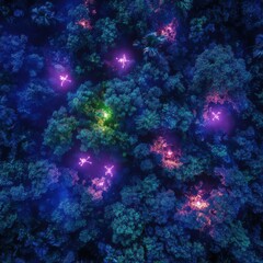 Fototapeta premium Vibrant Aerial View of Neon Lights Amidst Lush Forest Landscape
