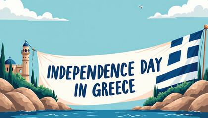 Independence Day banner in Greece showcasing vibrant colors and celebrating national pride against a beautiful landscape.