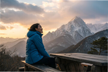 Woman Viewing Mountain Sunset View with Nature Landscape Scenery Enjoying a