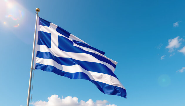 A Greek flag fluttering in the sunshine against a bright sky, symbolizing Independence Day in Greece and representing national pride and joy.