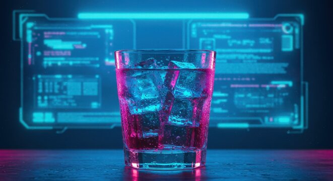Futuristic drink with ice in neon bar setting featuring digital screens