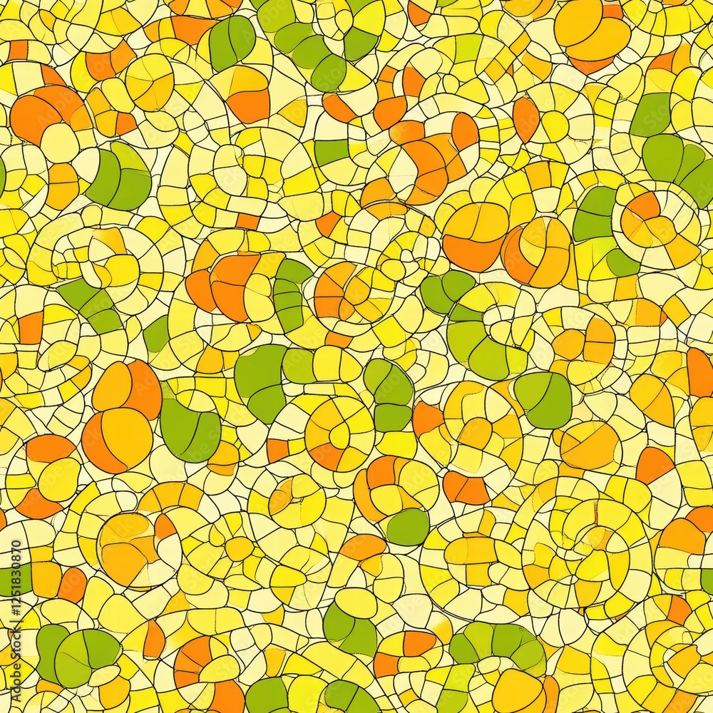 Poster colorful abstract pattern with yellow, orange, and green shapes creating a vibrant design suitable f