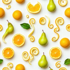Colorful arrangement of sliced citrus fruits and green pears on a light background. Generative AI