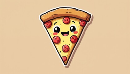 Animated cartoon pizza slice with smiley face and pepperoni toppings sits on beige backdrop. Food illustration is ideal for sticker designs or kids art project with bright colors.