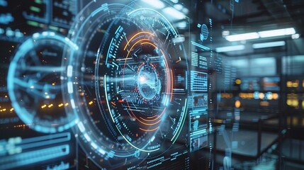 Futuristic digital holographic interface with a spherical data visualization system showcasing advanced technology and intelligence concepts