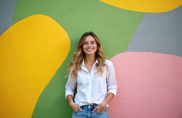 Young woman stands smiling by colorful wall. Bright yellow green pink creates joyful mood. Girl wears shirt jeans. Casual chic style shows genuine happiness. Modern trendy aesthetic shows positive