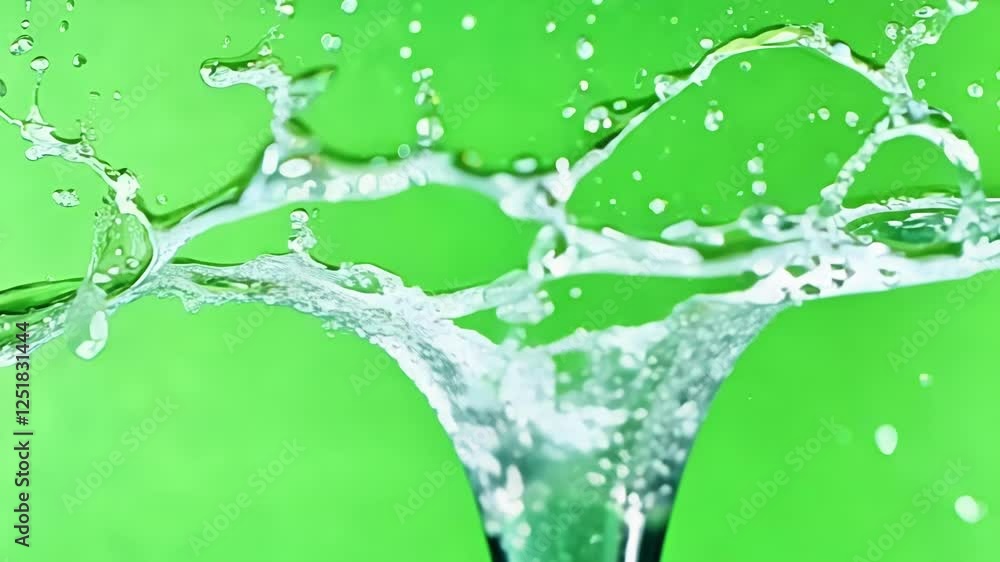 Poster energetic splashes forming intricate patterns as they collide and separate. green screen chromakey