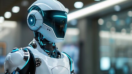 Stylized Futuristic Humanoid Robot Head with Minimal Metallic Reflective Design Showcasing Advances in Intelligence and Robotics Technology