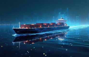 Obraz premium Illustration of container ship sailing sea at night with illuminated cargo containers. Futuristic design featuring polygonal city skyline, glowing dots, wireframe elements global logistics, freight