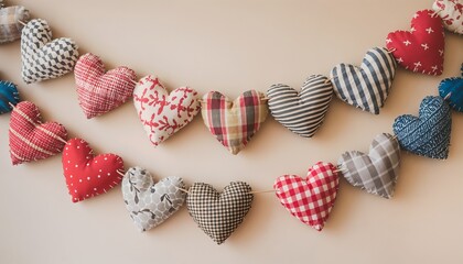 Garland of colorful fabric hearts in various patterns against beige background