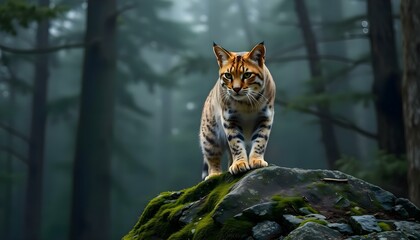 a cat standing on top of a moss covered rock