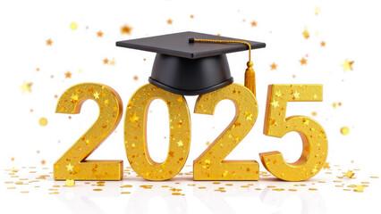 Gold-black text "2025" with graduation hat with tessel and gold confetti isolated on white background. Theme of graduation concept