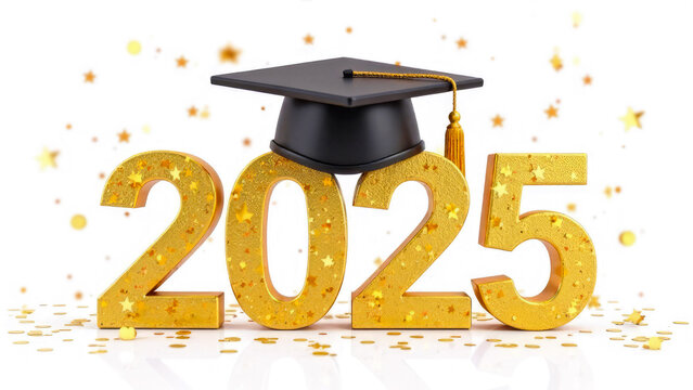 Gold-black text "2025" with graduation hat with tessel and gold confetti isolated on white background. Theme of graduation concept