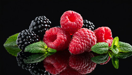 blackberry and raspberry with mint leafs on the black glass heritage with a reflection