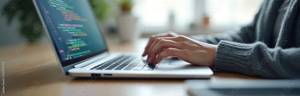 Aufkleber female coder works on laptop displaying code. woman types on keyboard. programmer writes software in
