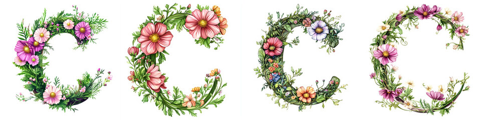 Obraz premium etter 'C' entwined with vivid cosmos flowers and lush greenery, charming and sophisticated