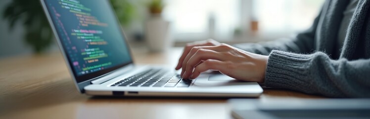 Female coder works on laptop displaying code. Woman types on keyboard. Programmer writes software in office. Focused development concept shows tech workspace. Business and web development.