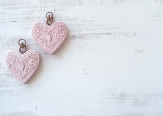Rustic Valentine's Day setup with two pink carved wooden hearts hanging on a distressed white wooden background. Perfect for romantic designs and holiday promotions