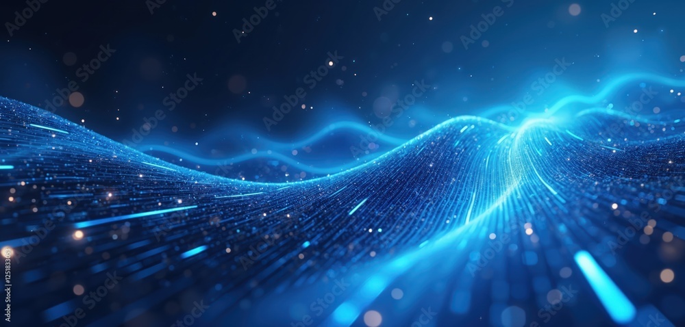 Poster Abstract blue waves create dynamic futuristic tech background with glowing light effects. Shimmering particles flow across electric lines. Digital wallpaper represents cyberspace innovation. Energy