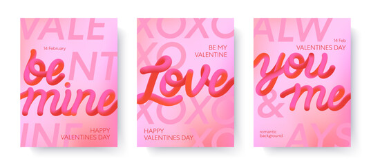 Valentines Day 3d romantic illustrations.Modern typography banner templates.Romantic greeting posters with 3d phrases,gradient background.Trendy vector concepts for prints,invitations,ad,covers,promos