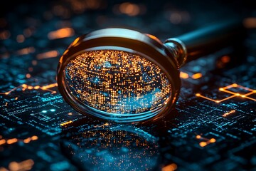 Intricate a magnifying glass magnifying vibrant digital code, symbolizing the interwoven nature technology