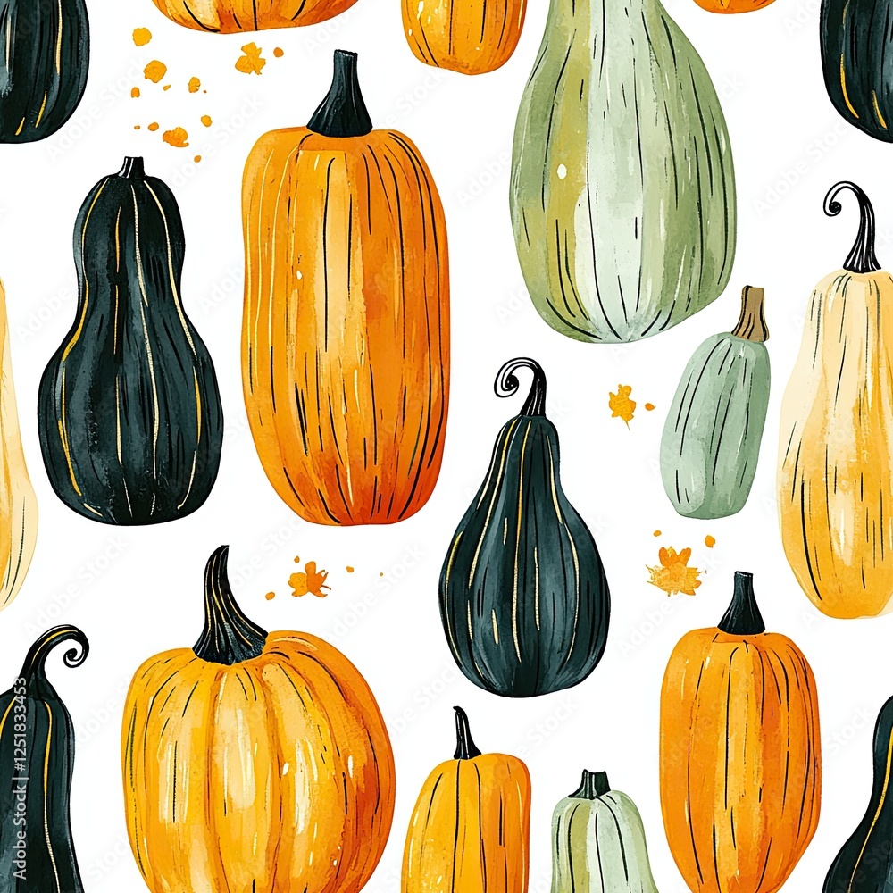 Poster rustic squashes in varied sizes captured in vibrant fall hues with a graphic gouache style