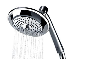A modern rain showerhead with a chrome finish on a empty plain background