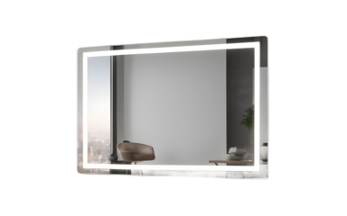 A modern smart mirror with a built-in LED light on a empty plain background