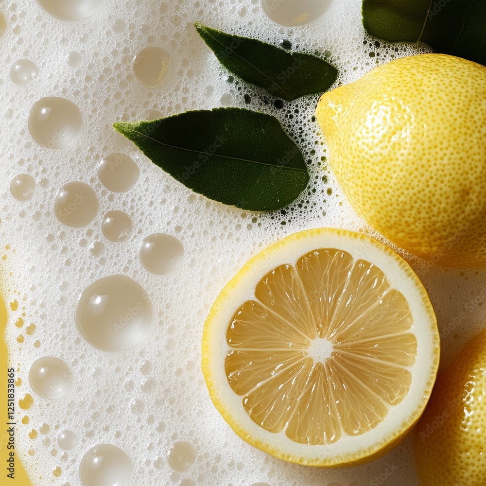 Poster fresh lemons with green leaves resting on a bed of white bubbly foam create a vibrant and appealing 