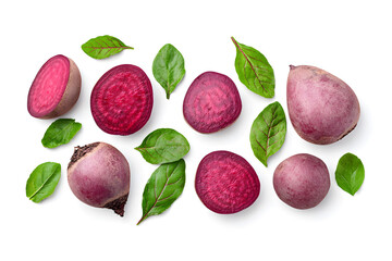 Red beetroots and half slices, top view isolated on white background
