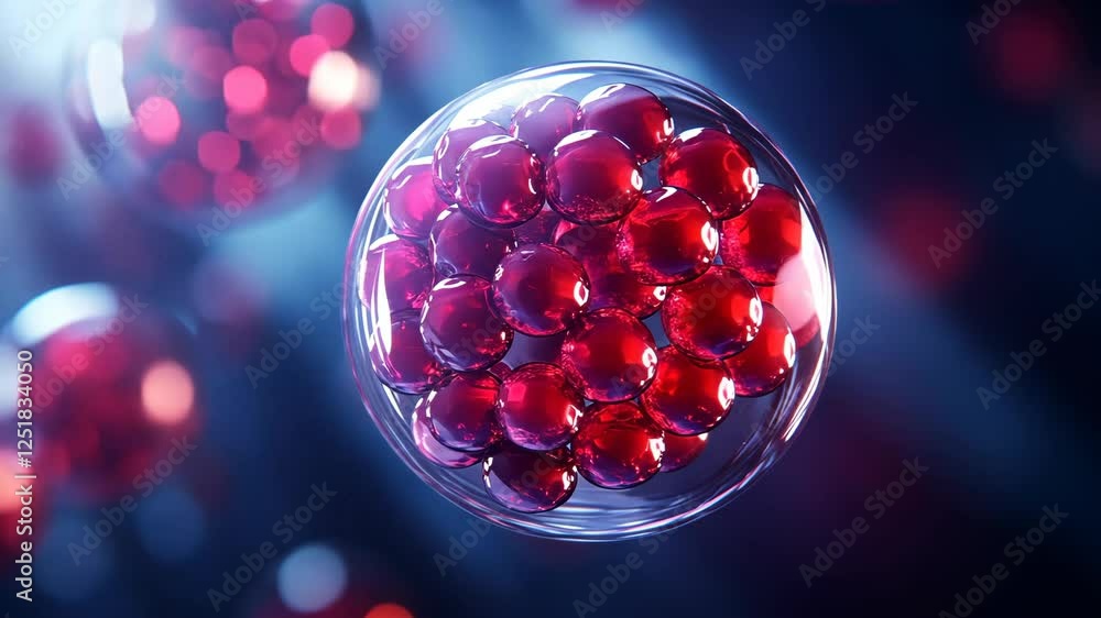 Poster red spheres within a transparent bubble represent molecular structures and scientific exploration in