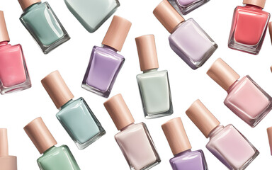 A set of neatly arranged nail polish bottles in pastel colors on a empty plain background