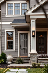 Obraz premium Luxury Home Exterior: Gray House with Modern Design and Stone Accents