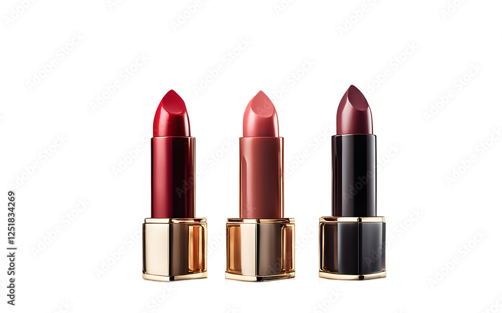 Aufkleber A set of three lipsticks in different shades standing upright on a white empty plain background