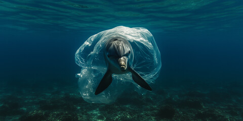 Fototapeta premium Dolphin swimming in the ocean with a plastic bag