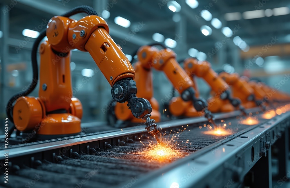 Leinwandbilder robotic arms weld parts on assembly line with sparks. orange robots automate welding process on conv
