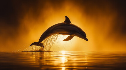 Majestic dolphin leaping from the ocean against a golden backdrop