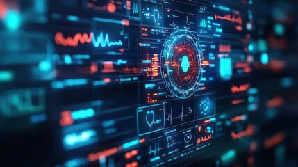 Fototapeta premium Advanced healthcare IoT system visualized with wearable devices monitoring patients' health data in real time