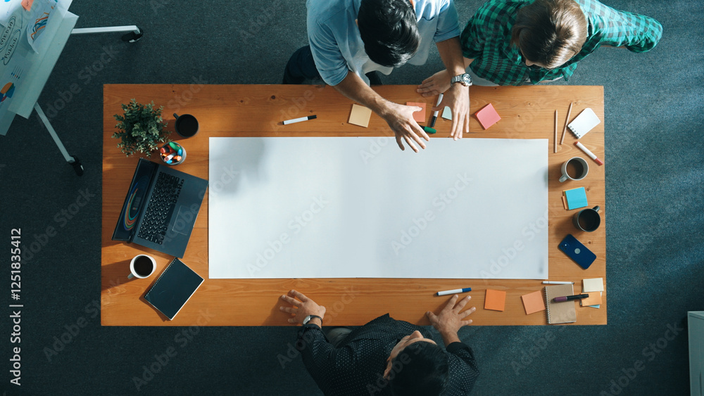 Poster top view of diverse group walking at boardroom and brainstorming idea. smart startup team sharing ma