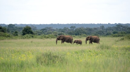 Obraz premium African Elephants walking in savanna grassland