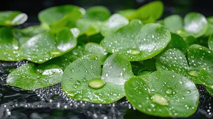 Dewy green leaves floating on dark water, spa background