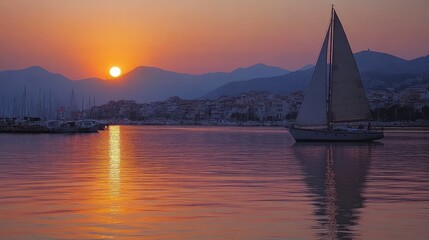 Sunset sailboat harbor mountains Greece travel